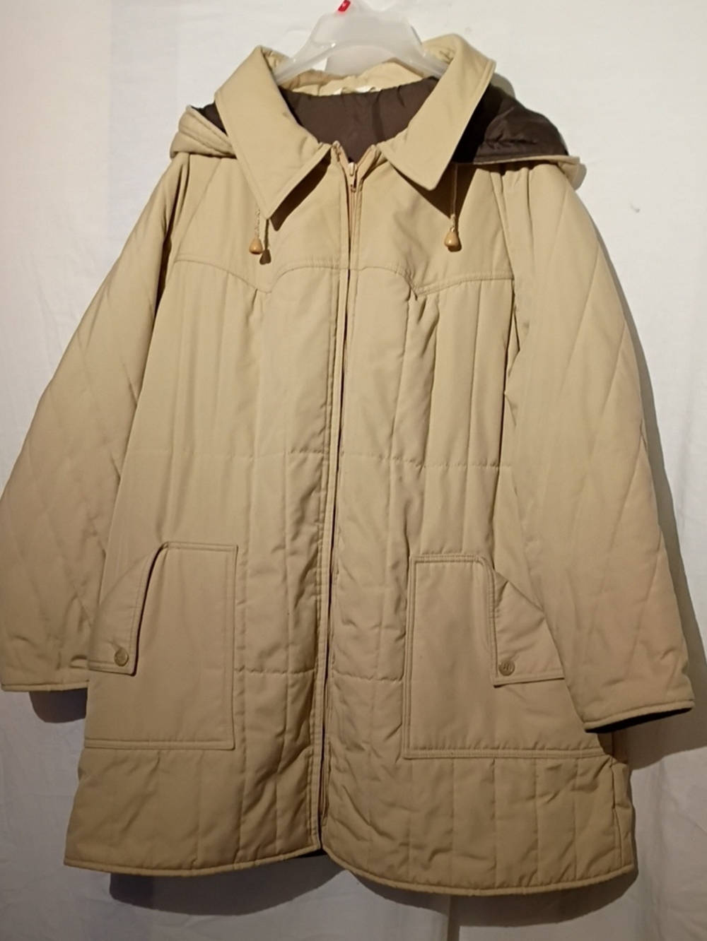 Women's Beige Hooded Quilted Puffer Coat - Warm Everyday Jacket